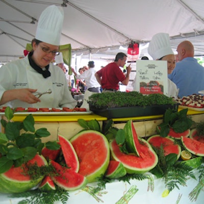 George Brown College Chef School used watermelons and greenery to create a summery look that complemented its watermelon-topped costini appetizers.