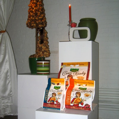 Daphne Shirley displayed bags of Oven Ready on white pedestals.