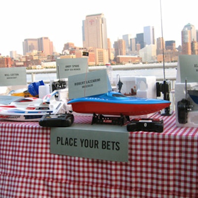 Before the party’s remote-controlled boat race, guests could check out the competitors’ vessels and place wagers.