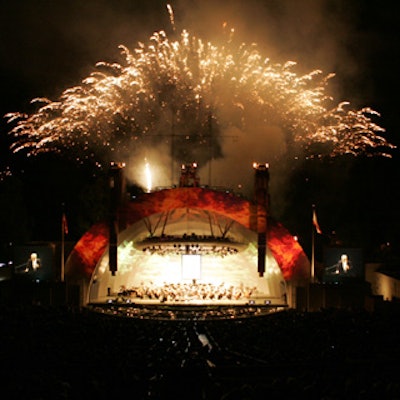 WET Design's fire and water display streamed from the stage to conclude the concert.