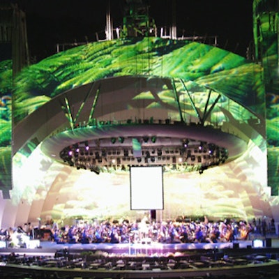For the Hollywood Bowl's season opening concert, Kinetic Lighting projected bright, vibrant scrolling images of ferns, palm trees, and lava onto the venue's shell to match the orchestra's performance of Elmer Bernstein's Hawaii soundtrack.