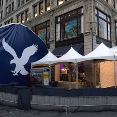 A blue and white carpet printed with American Eagle’s “Live Your Life” slogan ushered guests into the retailer’s Union Square store opening.