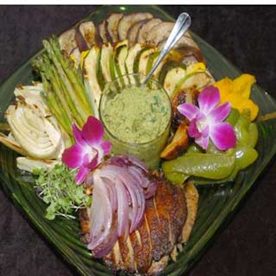 An artfully styled grilled vegetable platter was presented family-style on each table before dinner.