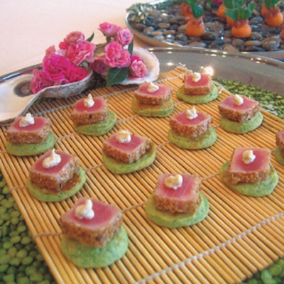 Eric Scott Celebrations & Events' sesame seared tuna on green pea wasabi blini with fennel cream