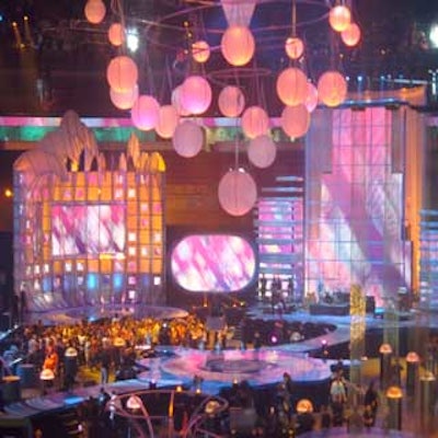 MTV's elaborate stage for its Video Music Awards featured water effects, elevating platforms, and state-of-the-art lighting and video inside the American Airlines Arena.