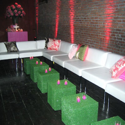 Event designer Jassi Lekach created lounges with white couches dotted with pink and brown throw pillows, and rolling cubes covered with Astroturf and topped with pink votives for the launch of Maria Sharapova's new fragrance at the Angel Orensanz Foundation.