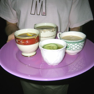 Creative Edge Parties served green tea martinis, Long Island iced teas, and iced mango chai tea in mismatched porcelain teacups.