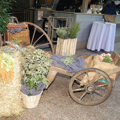 For the opening reception, Urban Events decorated the Rink Bar with old-fashioned wheelbarrows, barn chairs, bunches of lavender, bales of hay, and dried plant stalks for a summer-in-Provence atmosphere.