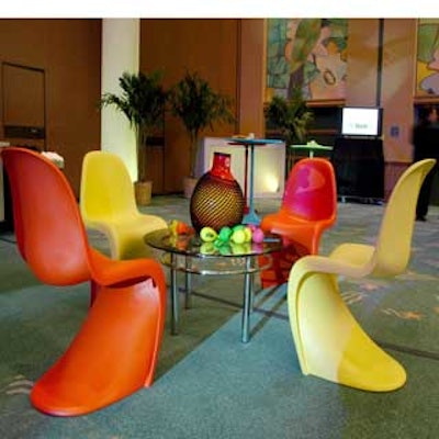 Colorful chairs from Cort Event Furnishings were featured in contemporary Latin-inspired lounges.