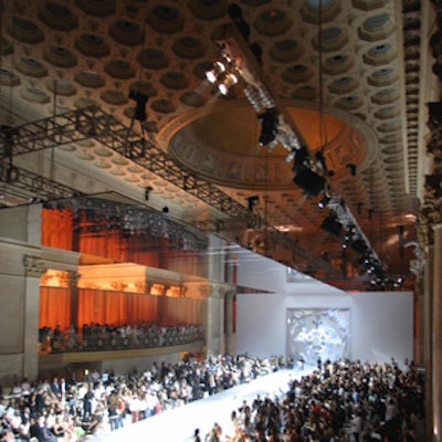 Adidas’ Y-3 fashion show at Cipriani Wall Street featured a mirrored ceiling, a three-lane runway, and a massive vault door printed with the Y-3 logo.