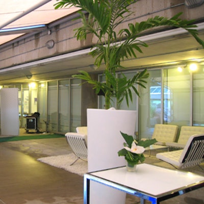 White lounge furniture and soaring tropical plants from Signature Rentals helped create a South Miami Beach setting.