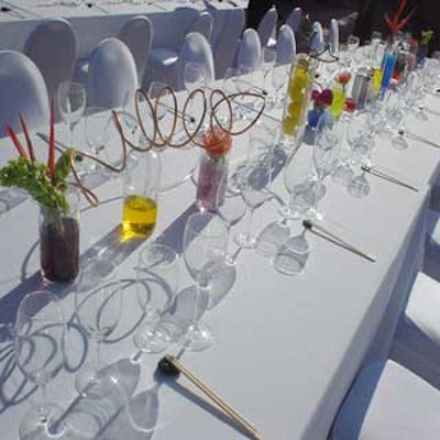 Banquet-style tables featured science-inspired centerpieces by Hello Florida's Mark Wells at the Walt Disney World Swan and Dolphin Hotel's Culinary Alchemy dinner.