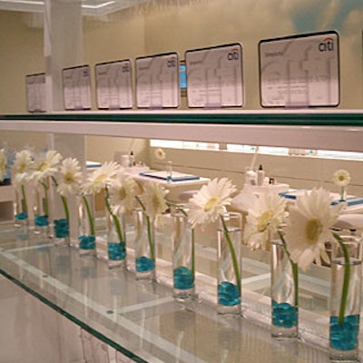 Shelves were lined with rows of white gerbera daisies in single-stem vases filled with blue pebbles and rows of cardboard blowups of the all-white credit card.