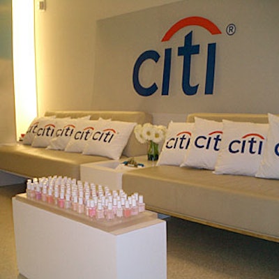 Guests could choose their nail polish from a small lounge dotted with pillows printed with the Citi logo.