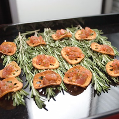 Taste Caterers passed Chinese-influenced fare, including tuna tartar with traditional five-spice flavoring on lotus chips.