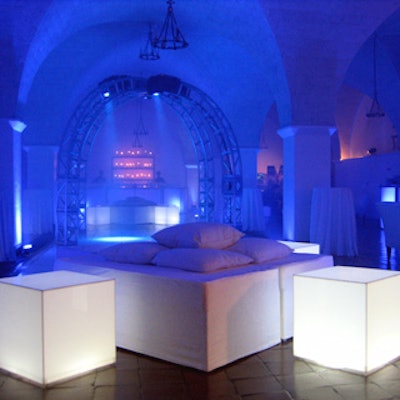 A large vaulted chamber underneath the main hall served as a bright white lounge for the party’s younger guests.