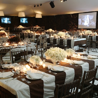 For the Guggenheim Museum’s gala, David Monn created a brown and white look that filled a tent on the plaza of the Seagram Building.