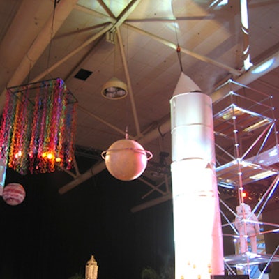 Colourful strung beads and a space vignette featuring an Apollo-style rocket, both from the Aragon Group, were among the decor elements that created a 60's vibe at the Metro Toronto Convention Centre for the Bell Celebrity Gala.