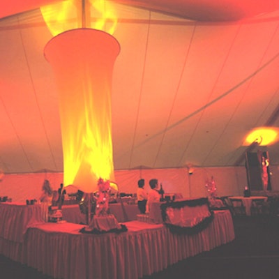 J Entertainment & Productions created a huge cauldron with spandex and lighting effects that mimicked flames for the Liberty Medical Fire & Ice holiday party.