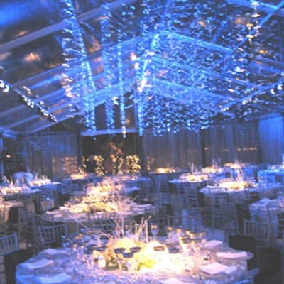 The dining room was in a 100-foot clear tent bathed in blue light.