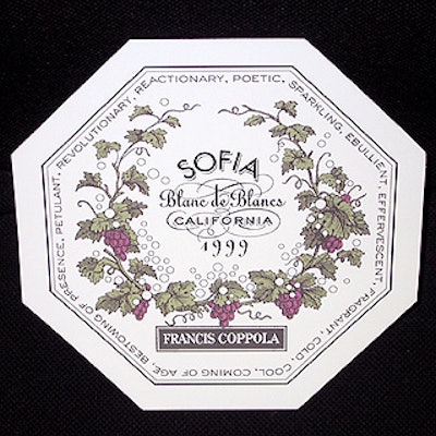 Sofia Coppola designed the label for the sparkling wine that bears her name. Blowups of the label (printed by Admiral Printing) were displayed on tables at the party.