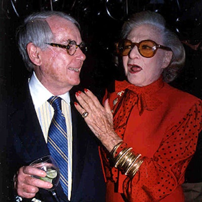 Author Dominick Dunne and designer Pauline Trig?re shared a moment under balloons by Helena Lehane at a private cocktail reception celebrating the 40th anniversary of La Caravelle.