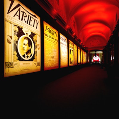 Ten large blowups of notable Variety covers from each decade hung from a truss structure specially made to protect the building’s marble walls.