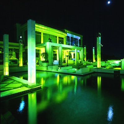 Poolside at Xbox's celebrity-driven event at a private home in Beverly Hills, modern furnishings from event producer Event Eleven's warehouse took on the green hue of the lighting.