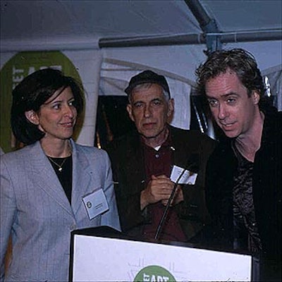 Susan Freedman of the Public Art Fund, parks commissioner Henry Stern and video artist Tony Oursler attended a tented reception for the kickoff of Target's Art in the Park program. (Photo by Patrick McMullan)