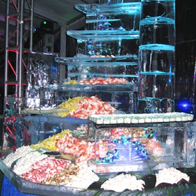 Touch Catering served an array of seafood from two nine-foot ice sculptures that flanked the 76-foot main bar.
