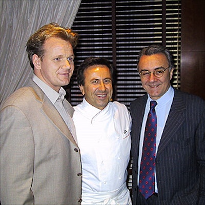Chefs Gordon Ramsay, Daniel Boulud and Alain Ducasse at Boulud's party for Ramsay's book, A Chef for All Seasons, at Daniel.