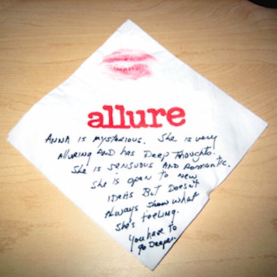 At the launch party for photographer Patrick McMullan’s book Kiss Kiss, Allure brought in Sasha Nanus to create personalized lip print readings for guests.