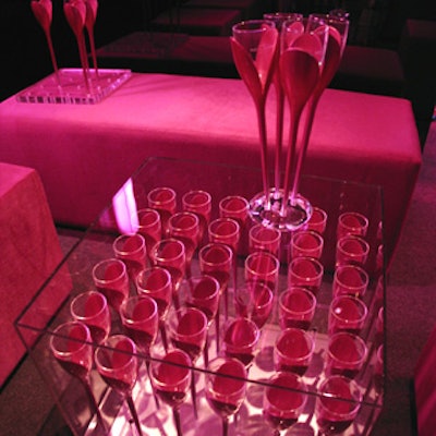 Marcus created custom furniture, including clear cube tables that contained displays of flutes.