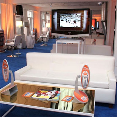 At the ESPN Experience sponsor showcase during the Super Bowl, Gillette promoted its new Fusion razor with a spalike room decked out with low-slung couches, ottomans, and modern glass and chrome coffee tables all in white.