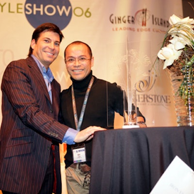 David Tutera (left), event planner, author, and host of Discovery Channel's Party Planner with David Tutera, judged the Iron Florist competition, won by Eric Aragon (right), founder of the Aragon Group.