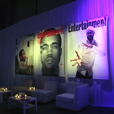 Along one wall, Entertainment Weekly posted blowups of its Kanye West cover as well as two mock covers also featuring West.