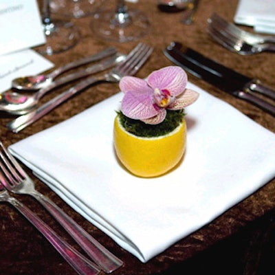 In addition to his centerpiece for the Valentino table, Oscar Mora added a light touch by placing lemons at each place setting. Each lemon was carved out and filled with moss and topped with a purple orchid.