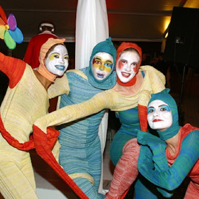 Performers from Katie Stirman Productions dressed in multicolored webbed knits from Krel to match the theme.