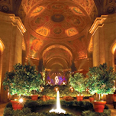 For a Halloween party celebrating Fendi's 80th anniversary, Monn recreated a Roman palazzo inside the Cunard Shipping building, a landmarked building with lofty 85-foot-high frescoed ceilings as well as marble columns and archways. He scattered potted lemon, lime, and orange trees, as well as 40-foot Italian cypress trees.
