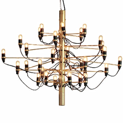 This Italian-made chandelier in polished brass is interwoven with its working electrical wires. The piece rents for $500 and comes with old-fashioned bulbs. Available from Taylor Creative.
