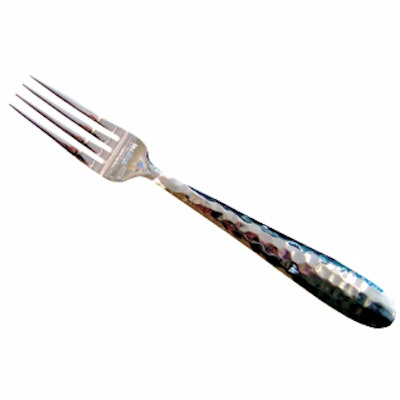 This heavy stainless steel flatware is mottled with a hammered finish. Available for rent from Broadway Famous Party Rentals.