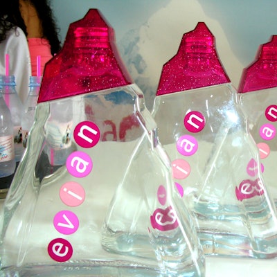 Evian's new triangular bottles sported a pretty pink top and logo.