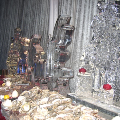 Four ice sculptures in a row served as a backdrop to a raw bar display at Ocean Drive magazine's 13th anniversary party.