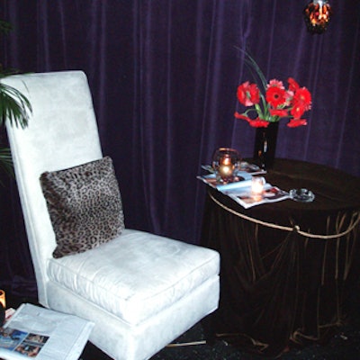 Lounge seating in chic white and animal prints dotted the main room and the patio.