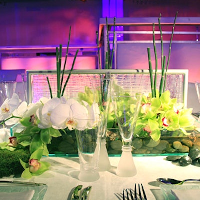 White and lime green Cymbidium orchids from Mark's Garden topped the tables.