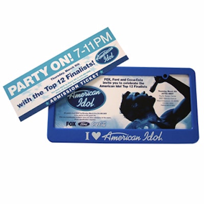 Invitations came printed on cards made to look like bumper stickers, accompanied by license plate-size cardboard parking passes surrounded by “I love American Idol” license plate frames.