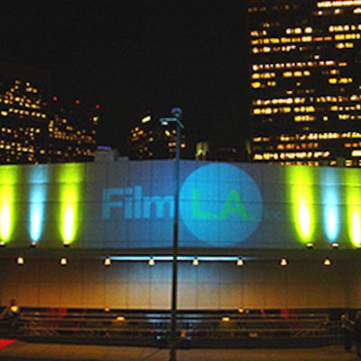 For FilmL.A.'s party at Los Angeles Center Studios, a giant projection of the organization's new logo decorated the entrance.