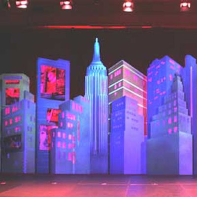 A three-dimensional replica of the New York skyline served as stage decor.