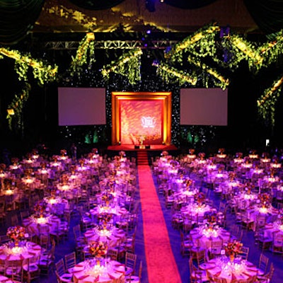 For the Fragrance Foundation's FiFi awards at the Hammerstein Ballroom Dalzell Productions created the dramatic Rome-inspired look with large columns hung from the ceiling and glowing lighting.