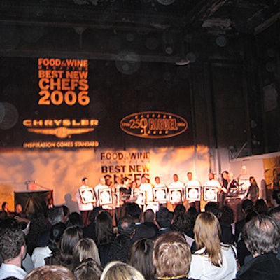 Food & Wine editor in chief Dana Cowin and chef Tom Colicchio introduced the evening's honorees on a stage built under gobos showing the evening's sponsors.